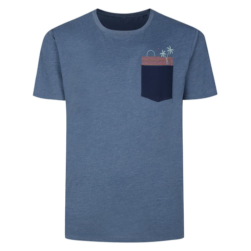 Denim marl blue T-shirt with navy chest pocket, front view.